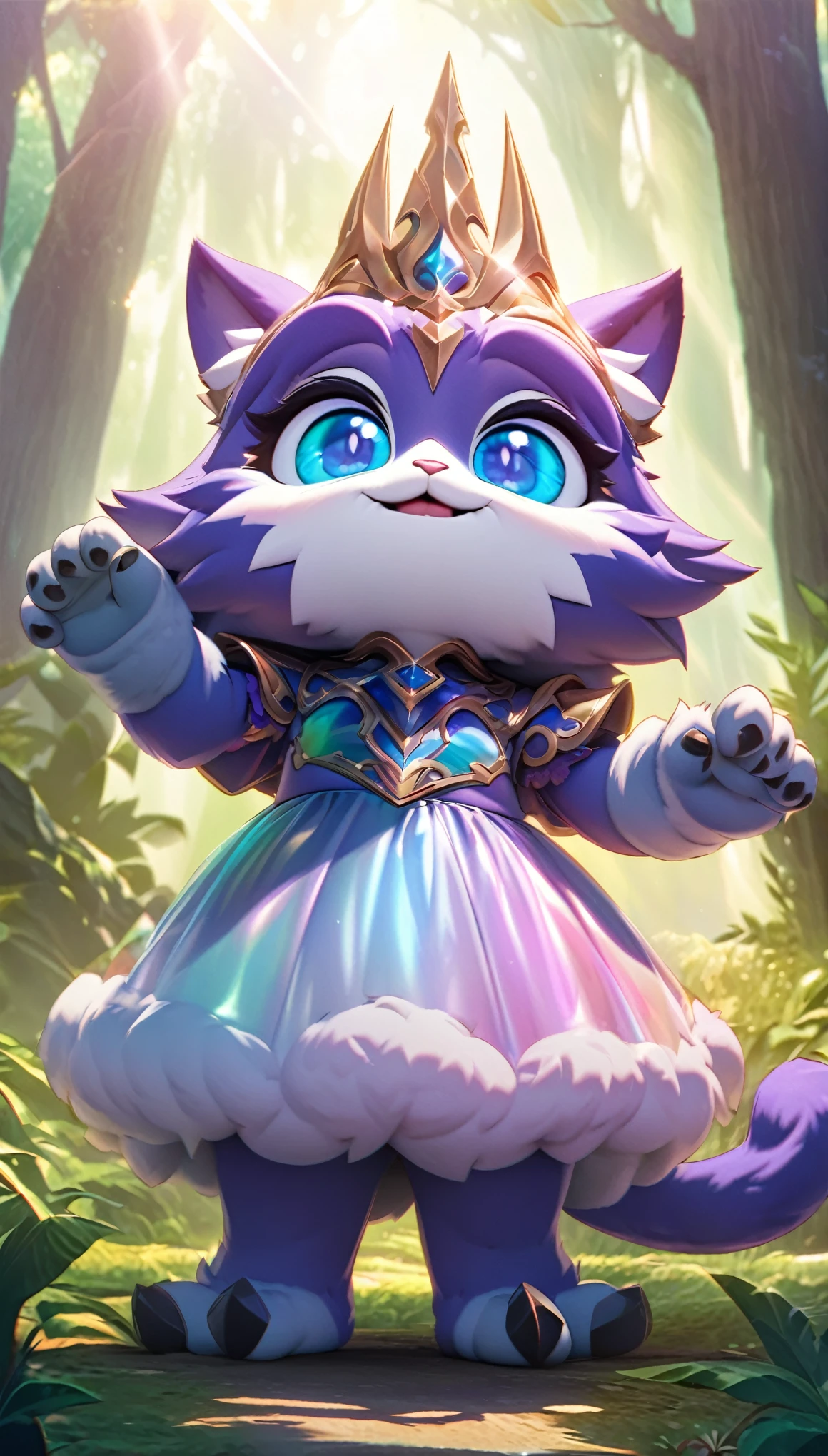 super deformed, furry, funny, personified, beast, best quality, super fine, 16k, cute cat knight, mocking expression, mocking pose, in the forest, fantasy world image, fantastic and mysterious, sunlight shining through, iridescent fluffy pastel color image style