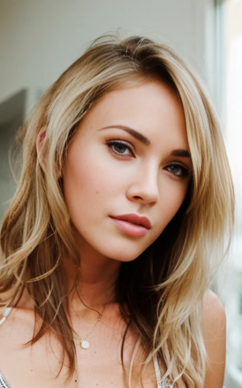 a medium shot of a blonde Instagram model, wearing a sexy dress, with a seductive look on her face, flirting with camera, closeup, bending