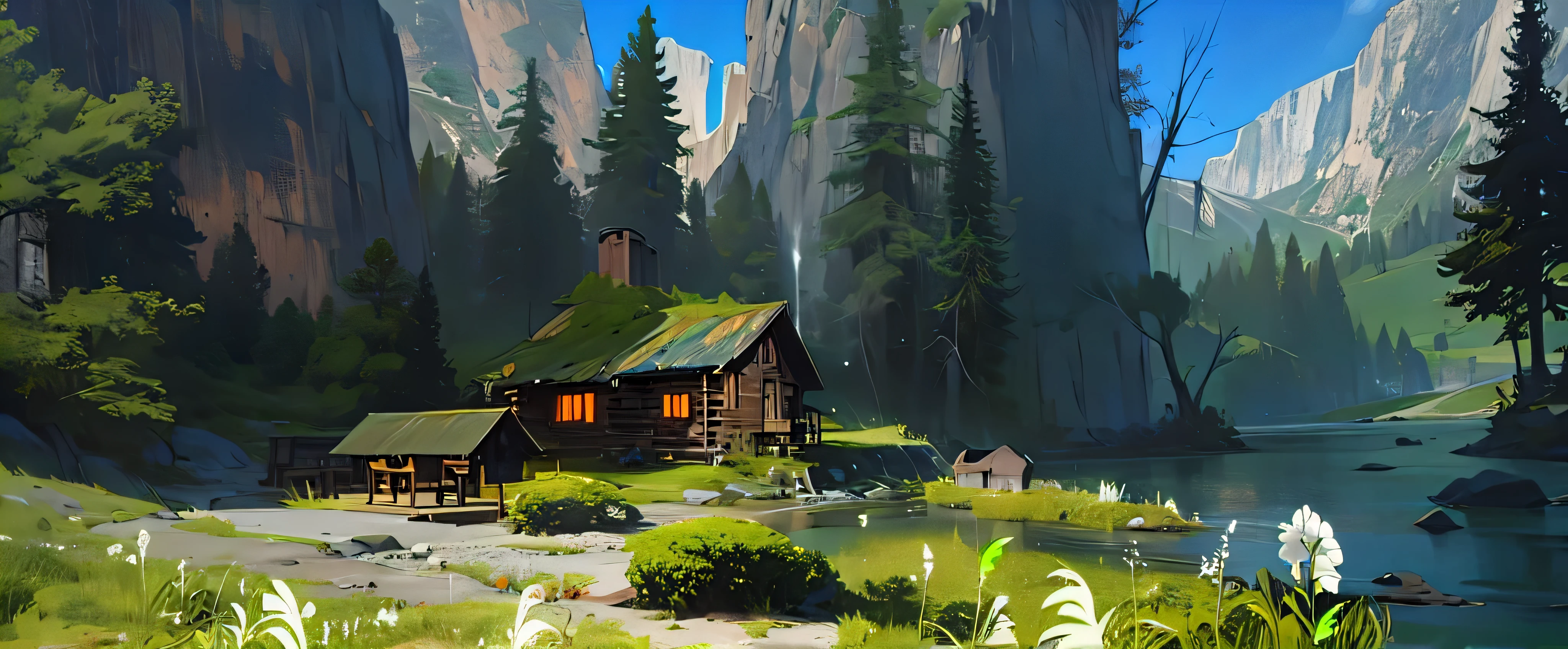 there is a painting of a cabin in the middle of a mountain, painted as a game concept art, painterly concept art, digital painting concept art, environment painting, stylized concept art, 2 d game environment design, matte painting arcane dota pixar, scenery game concept art, video game environment design, game environment design, beautiful screenshot The water plants by the river are sparkling