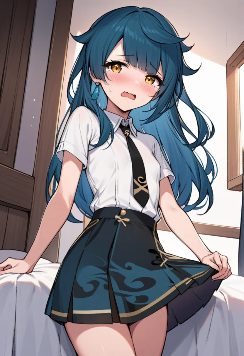 1girl,genderswap (mtf),xingqiu (genshin impact),blush, open mouth, solo, sweatdrop, tearing up, wavy mouth, skirt, , necktie, socks, purple skirt, short sleeves, indoors, bed, bed room, on side, blush, drunk, looking at viewer, dutch angle, cowboy shot, typo,small breasts,earrings,long hair,yellow eyes,blue hair, masterpiece,best quality,absurdres,