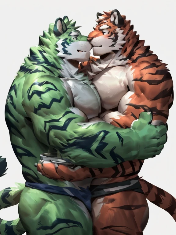 two muscular tiger , furry chest, muscular green tiger hug muscular tiger back, muscular green tiger stand behind, hug from behind, white background, perfect hand, perfect antomy, thick furry neck and chest fluff, handhold cup of coffee, kiss, hand into jock, side view, jock, having sex, by lindong, by nullghost