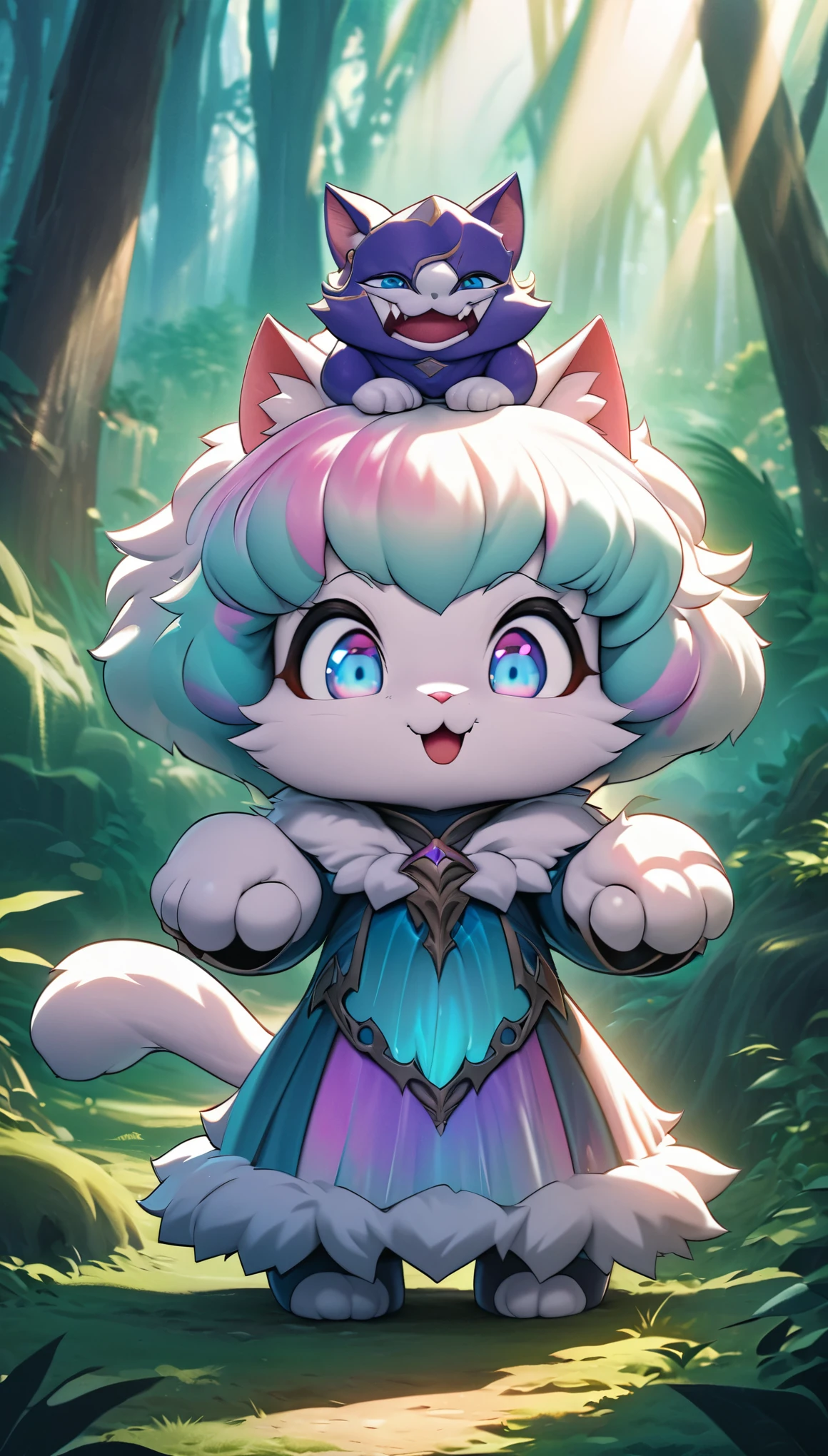 super deformed, furry, funny, personified, beast, best quality, super fine, 16k, cute cat knight, mocking expression, mocking pose, in the forest, fantasy world image, fantastic and mysterious, sunlight shining through, iridescent fluffy pastel color image style