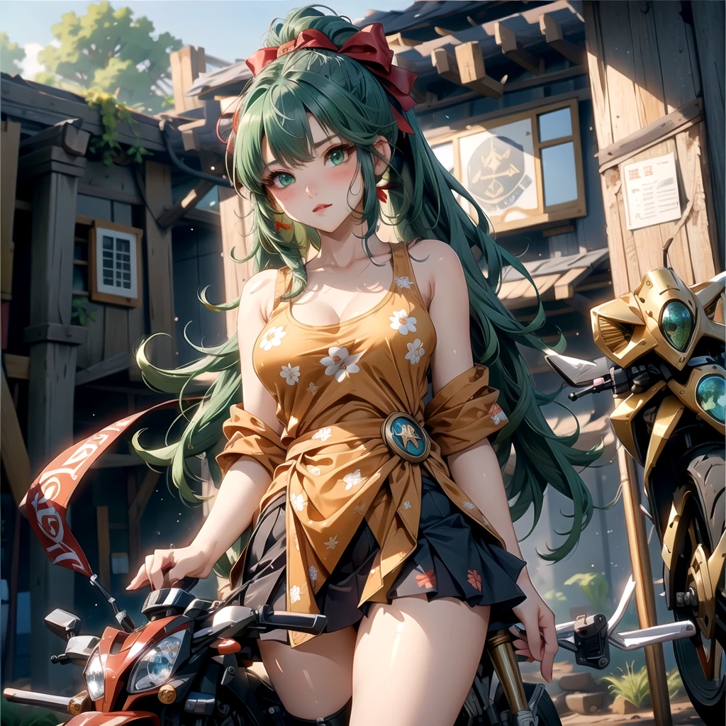 girl、(((one person)))、green eyes、green hair、Red ribbon and ponytail hair、mini skirt、Tank top、D cup bust、background blur、line of sight、blush、motorcycle、Vast wilderness、the way、wide angle lens、Angle from below