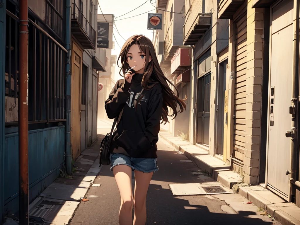 a girl smoking a cigarette, smoking, smoker, long brown hair, she's in extase, she's enjoying it, alone, black wall, (((masterpiece))), highly detailled face, she's running, abandonned street,