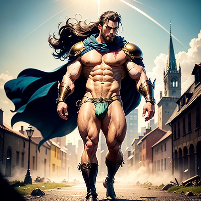 warrior man with big sword, muscular man of micro loincloth with bulge, sword in hand, (upward bulge in micro loincloth:1.2), city background, bright and gleaming sword, quality image, best quality, in attack position, realistic details, magic particles, whole body image, clothes with golden details, long hair tied, scar on face, image catching all body, boots with golden details, blood particles, golden armor, uncovered abdomen, micro leather thong, scar on chest, part of leather armor, manly man, man with big hair, big bulky muscles, whole body, medieval scenery, photo particles, rays of sunlight in the background, full body image, whole glass appearing in photo, medieval city background, Medieval setting, hair flying in the wind, (bulge upward erection:1.2)