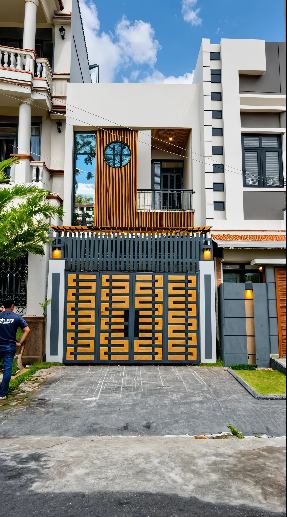 Masterpiece, high quality, best quality, authentic, super detail, outdoors, onestoreyvillaXL, aiaigroup, house style modern on the street ,stairs, white wall ,road,pavement, grass, trees, sky, cloud, (daylight:1.1)
