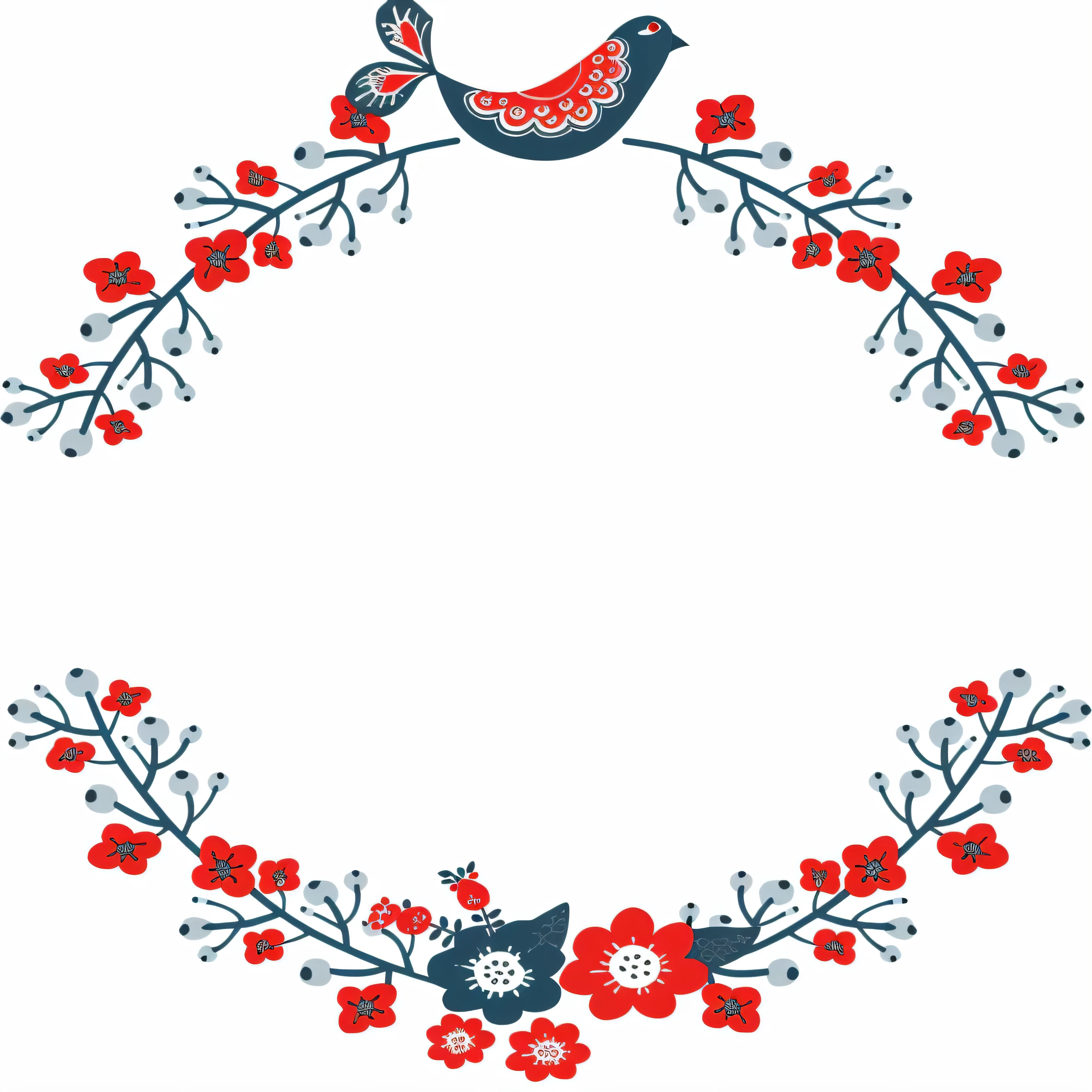 there is a bird sitting on a branch with flowers in the middle, black and red scheme, ornate borders + concept art, flower frame, black and red background, ornate floral, dark blue and red, black and red color scheme, made with illustrator, inside stylized border, card back template, crimson - black color scheme, black and red colors