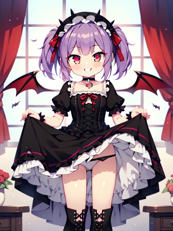 colorful , table top, highest quality, 1 girl, , purple hair, medium hair, Hair Spikes, evil female executive, Gothic ****ta Costumes, mini skirt, white socks, big red ribbon, choker, White interior, black clothes, sadistic smile, evil smile, black boots, bat wings, small, Under, view viewer, skirt lift, panty shot,