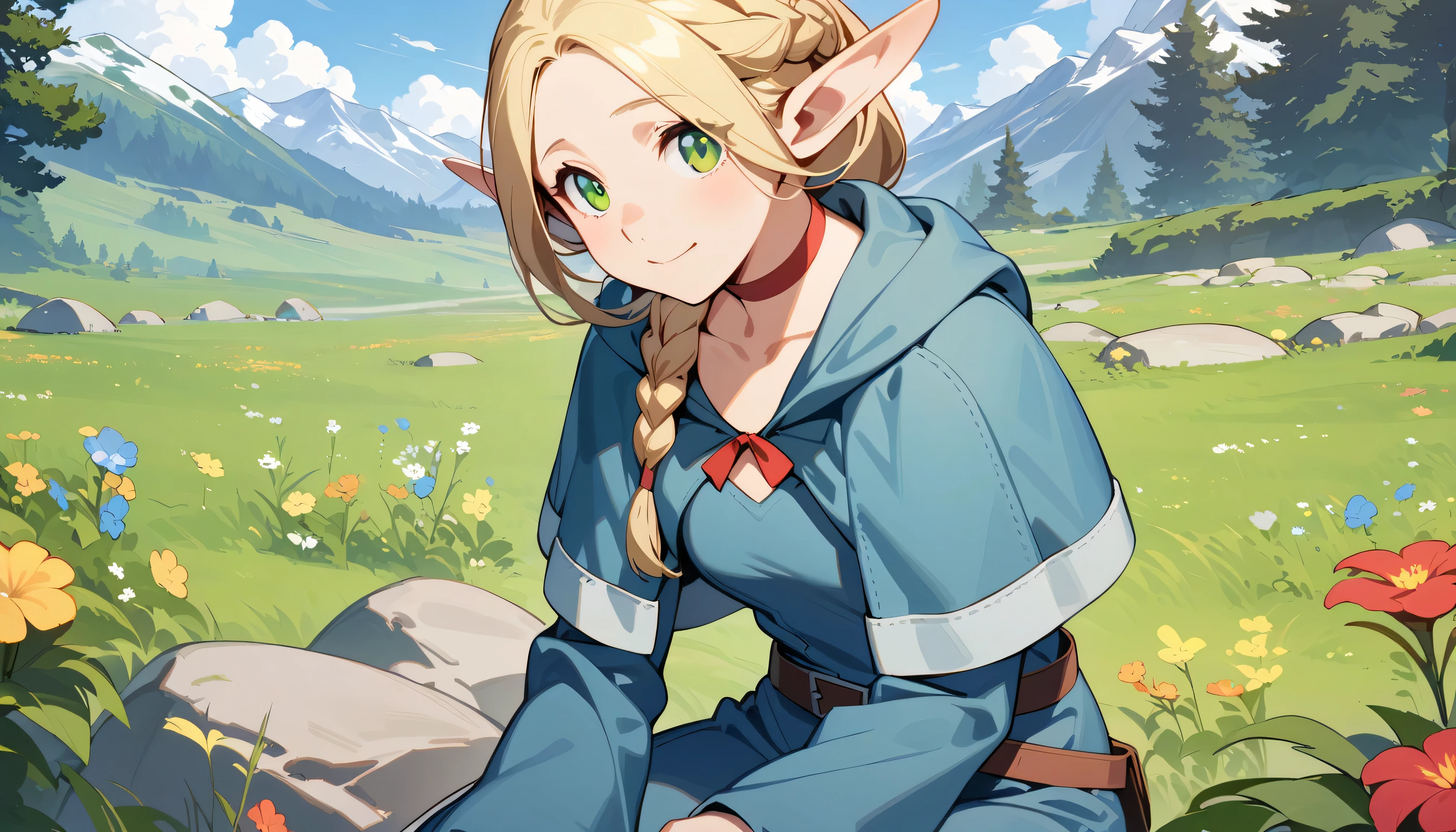 masterpiece, best quality, pointy ears, braid, solo, green eyes, elf, blonde hair, choker, 1girl, long hair, hair over shoulder, single braid, , in the meadow, mountains, day, , , wallpaper,sit onstone, cute, vibes, flowers, trees