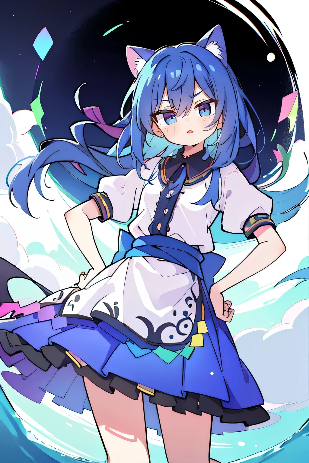 (masterpiece),best quality, expressive eyes, perfect face, 1girl,
Put your hands on your waist,fair, Gorgeous,Japanese cartoons,girl,lola,Hina Angel, blue hair, blue haired, floating clothes,Grab your waist, Grab your waist, hands on hips , hands on hips,sit, sit on ground, Legs on the ground, flat chest,starry sky,cat ear,