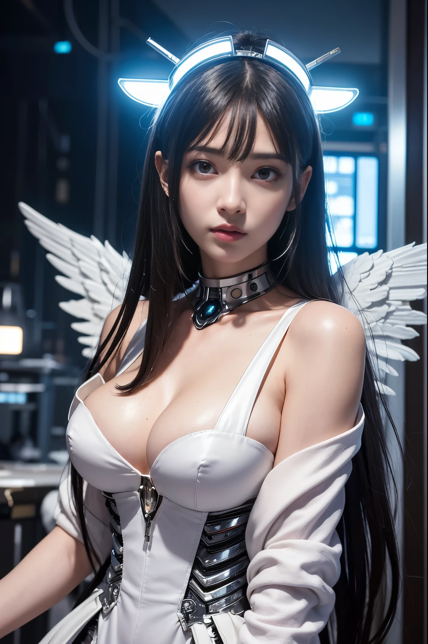 top-quality、tmasterpiece、超A high resolution、(Photorealsitic:1.4)、RAW photo、Solo，(Perfect body proportion)，The upper part of the body，upper legs，Robot Angel、Large wing made of metal、(White porcelain body)、whaite hair、glowy skin、(1 Cyborg Girl)、((Super realistic details))、porate、globalillumination、black shadows、octan render、8K、ultrasharp、Character edge light,Colossal 、Raw skin is exposed in cleavage、Details of complex ornaments、Sumerian detail hydraulic cylinder、small led lights、highly intricate detail、Realistic light、a purple eye、Radiant eyes、Facing the camera、neon light detail、cow boy shot、Futuristic headgear、Floor plan about the《cyber punk perssonage》、、