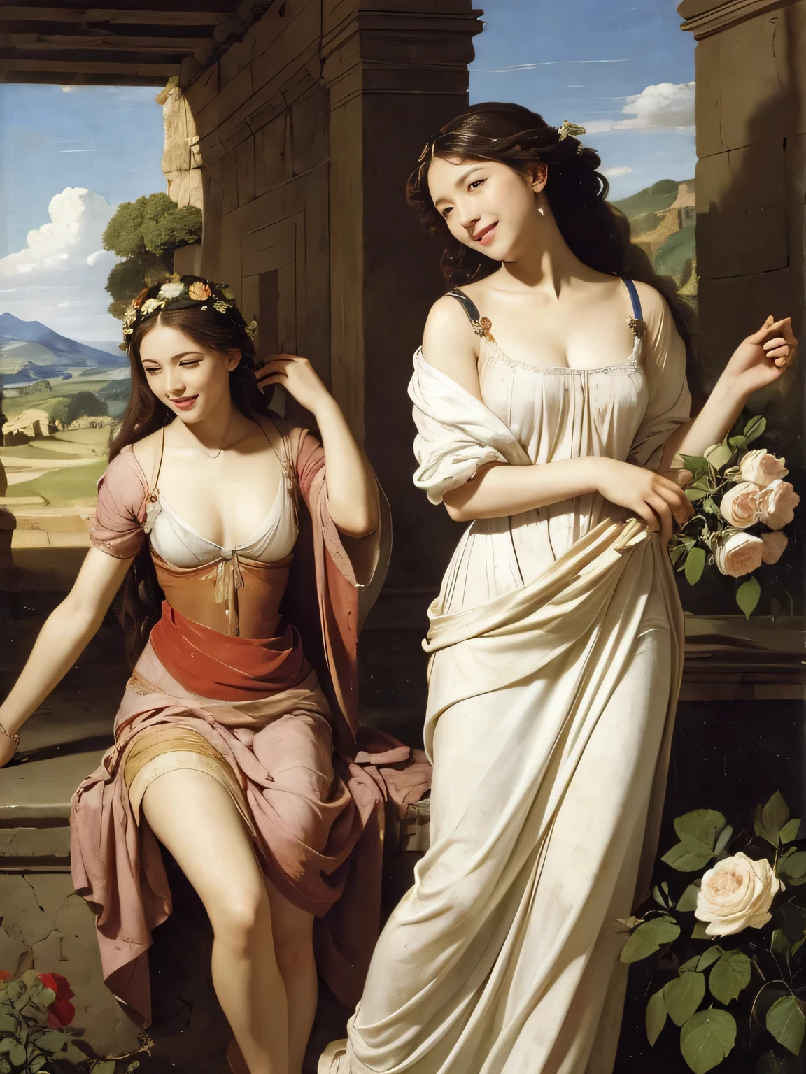 full body portrait or statue、Giorgione painting style,Arguments of two female Philosophe,math、astronomical machine、astronaut、roses in vase、fruits、Cute trinkets、smile、ancient greek costume、Ancient Roman landscape in the style of Nicolas Poussin,laughter,,Sweet and seductive appearance.、Caravaggio's paintings、Chiaroscuro of Caravaggio、hair tousled by the wind,Two women frolicking,cute smile, expression of ecstasy,Sexy,erotic