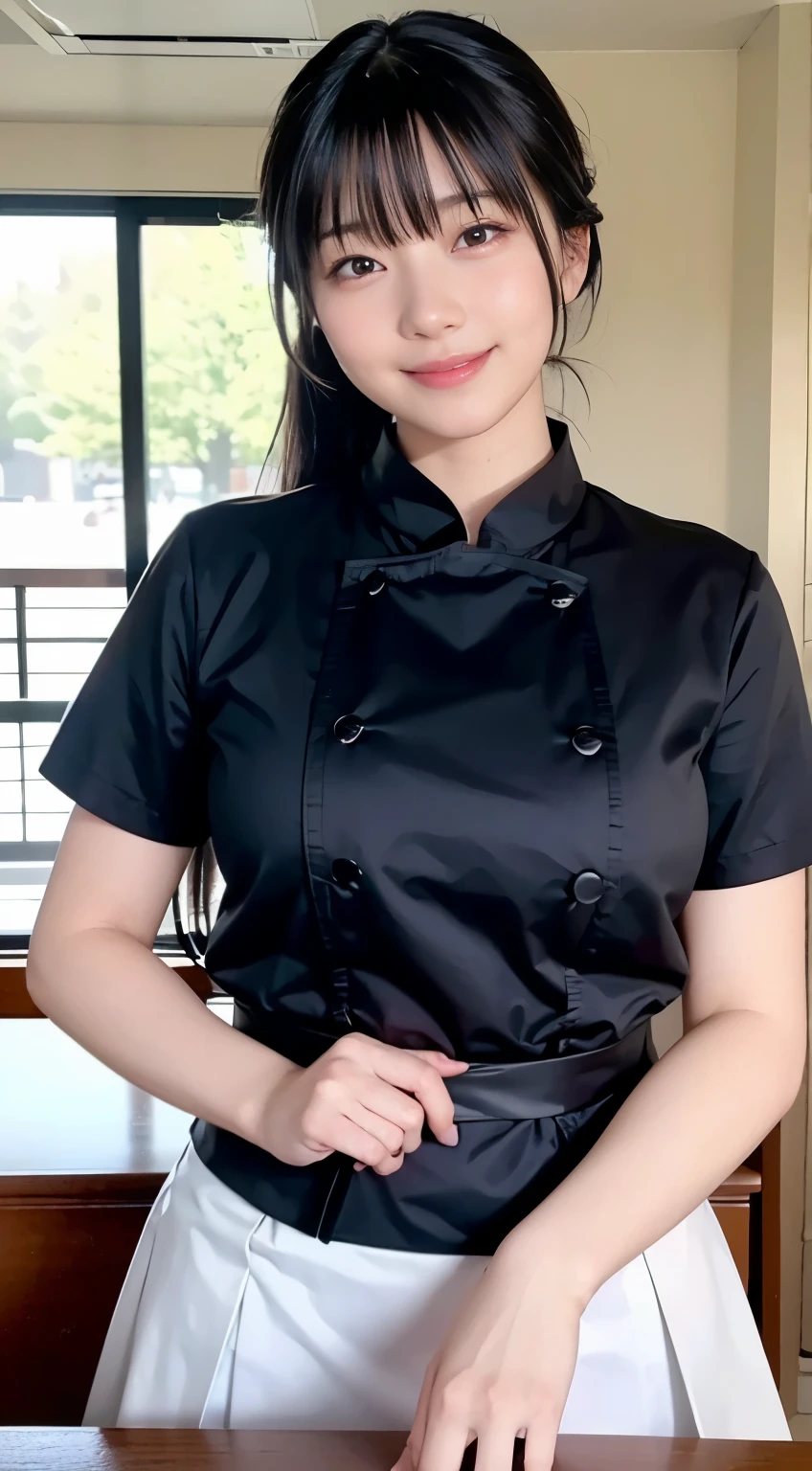 (highest quality,masterpiece:1.3,ultra high resolution,),(Super detailed,caustics),(Photoreal:1.4,RAW shooting,)ultra-realistic capture,very detailed,High resolution 16K human skin close-up。 natural skin texture、,The pores are、、、、Must be detailed enough to be easily identified。 Skin should look even-toned and healthy。 Use natural light and color,restaurant,waitress uniform,1 girl,Japanese,18-year-old,cute,black haired,ponytail,big breasts,smile,turn your body forward,(Front view:1.1),look at the camera,cowboy shot,