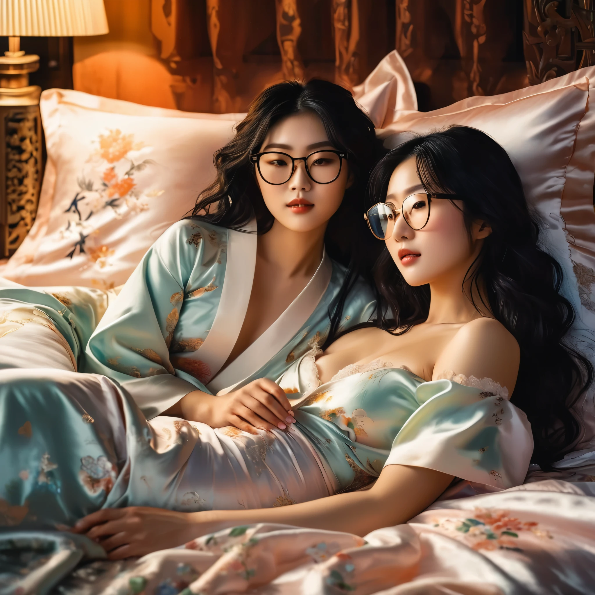 (a couple of women, Josetsu-inspired painting:1.1) sit on top of a bed, both with (wavy, long:1.1) black hair and stylish (glasses:1.1). They exude a (carnal:1.1) aura, their (wet:1.1) bodies glistening in the light. The scene is captured in exquisite detail, with (SSAO:1.1) rendering enhancing the depth and realism. The image is (8K:1.1), enabling every intricate feature to be displayed flawlessly. Their skin appears (perfect:1.1) and blemish-free, radiating a healthy glow. The painting reflects the influence of Josetsu, with intricate brushwork and attention to detail. The women emanate an air of confidence and sensuality, their expressions captivating and alluring. The bed is adorned with luxurious (silk sheets, fluffy pillows:1.1), inviting comfort and relaxation. The lighting is (soft:1.1) yet (warm:1.1), casting a gentle glow on the scene, enhancing the overall ambiance. The color palette is (rich:1.1) and (vibrant:1.1), adding an element of sophistication to the artwork. This prompt aims to produce a visually stunning masterpiece that captures the essence of the Josetsu style while celebrating the beauty and allure of the two women.