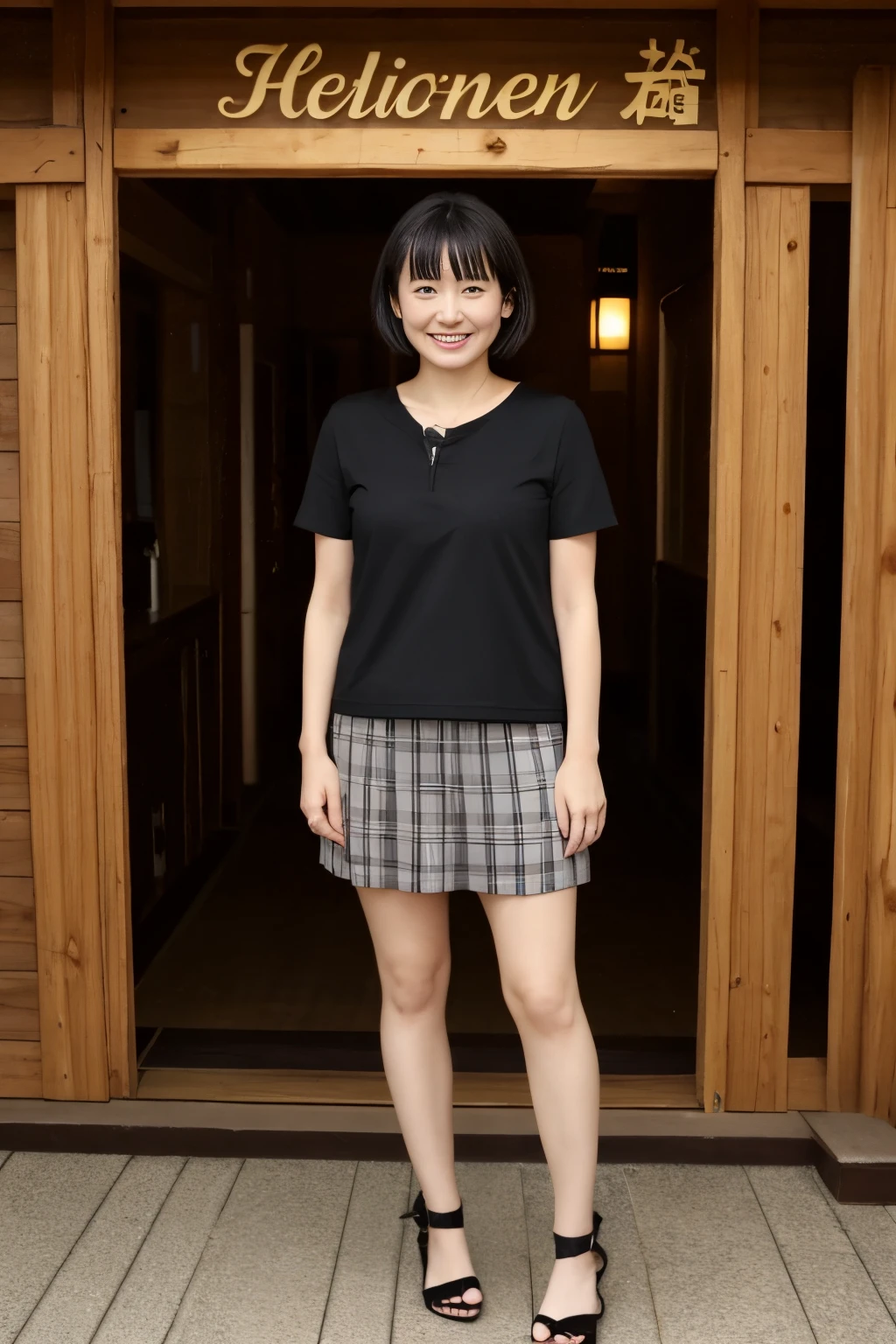 portrait、8K、high quality、realistic photo images、39 years old、japanese woman、decent wife、young proprietress of an inn、Reproduces natural and realistic eyes、japanese stand、、美しいblack hair、short hair、light makeup、octane rendering、beautiful lighting、composition of golden ratio、laughter、Clothes with short sleeves、Short sleeve work clothes.、Short-sleeved Samue、short skirt、mini skirtの服装、mini skirt、とてもshort skirt、I can see your panties、short skirtからパンティが見えている、Standing at the entrance to a hot spring inn、Ryokan Sandals、Welcome customers、waving、welcome、Hot spring inn entrance background、4k、High level image quality、realistic photo images、japanese woman、39 years old、Pure Japanese humanity、beautiful wife、Upper body、Close-up image、larger bust、beautiful bust、light makeup、、neat beauty、mature woman、refreshing smile、open your mouth、black hair、black eye、