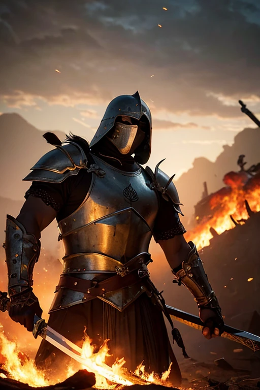 In the darkness of the night emerges a silhouette, delineated by the rugged features of a warrior. His face is concealed behind a black-plated plague mask, yet behind it, one can discern a strong jawline and eyes burning with rage. Faint light seeps through the edges of the mask, indicating the rhythmic breaths of the warrior.
Adorning his body is a suit of armor reminiscent of the Crusaders, composed of plated mail akin to that of the knights of old. Each plate is meticulously crafted, bearing the scars of battles long fought and won. Beneath the armor lies a physique of powerful muscles, marked by the experiences of countless conflicts. Adorning his shoulder is an emblem, intricately wrought in the style of ancient knighthood, bearing testament to past triumphs.
In the warrior's hand rests a long, double-handed sword. Crafted from gleaming steel, the sword is held aloft as if ready to be driven into the heart of his foes. Its surface is etched with the scars and stains of past conflicts, each marking a story of battles waged and victories won.
The warrior's expression is one of menace and resolve. His eyes gaze forward with unwavering determination, exuding the silence before the storm of battle. This gaze reflects his steadfastness and unwavering commitment to his cause.
Behind the warrior lies a scene of utter chaos and devastation. Flames rise high, engulfing the sky in smoke, while the cacophony of conflict reverberates throughout. The battlefield is a tableau of epic proportions, where history is made and destinies are forged.