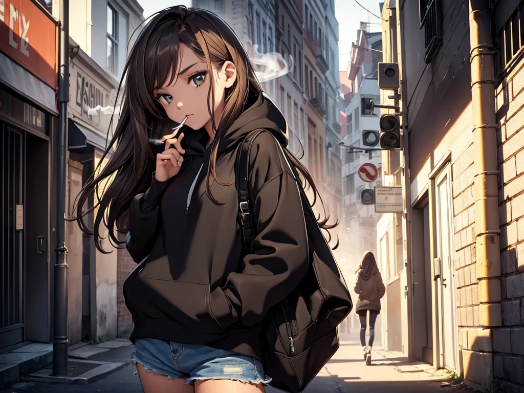 a girl smoking a cigarette, smoking, smoker, long brown hair, she's in extase, she's enjoying it, alone, black wall, (((masterpiece))), highly detailled face, abandonned street, black hoodie, short jeans