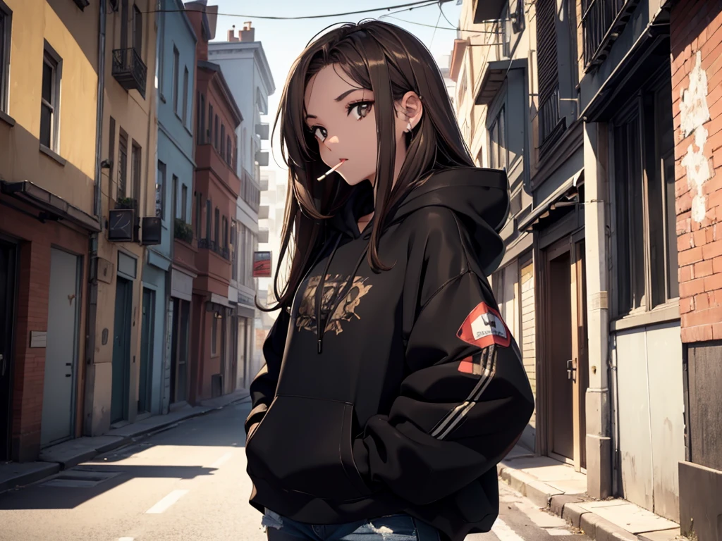 sport girl smoking a cigarette, smoking, smoker, she has long brown hair, she's in extase, she's enjoying it, (((masterpiece))), highly detailled face, she wears a short jeans, she wears a black hoodie, she wears headset, abandonned street, trees, she's alone