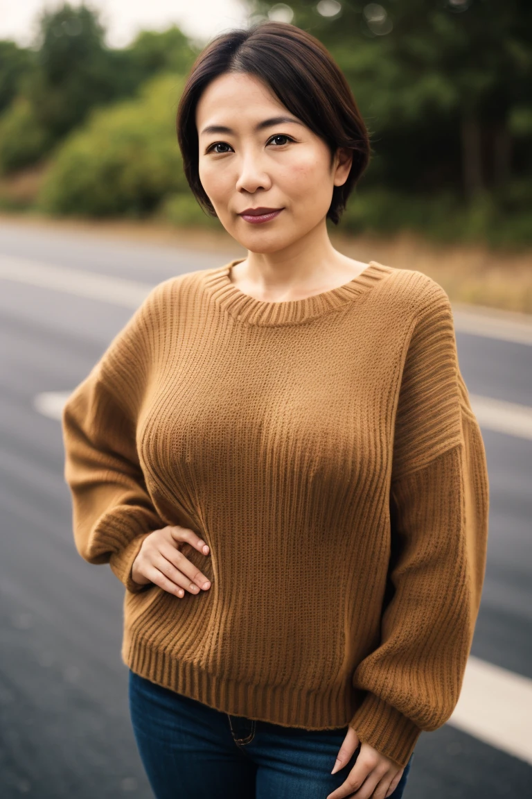 Portrait of a middle-aged Taiwanese woman, 40 years old, cute face, Slim, Tortitz, (big sagging:1.1), huge nipples, wear (Sexy sweater:1.2), standing on the road, Bokeh background, Simple background, (highly refined skin:1.0), (masterpiece:1.2) (lifelike:1.2) (Bokeh) (best quality) (intricate details) (8K) (high dynamic range) (analog film) (canon d5) (movie lighting) (sharp focus),short hair,