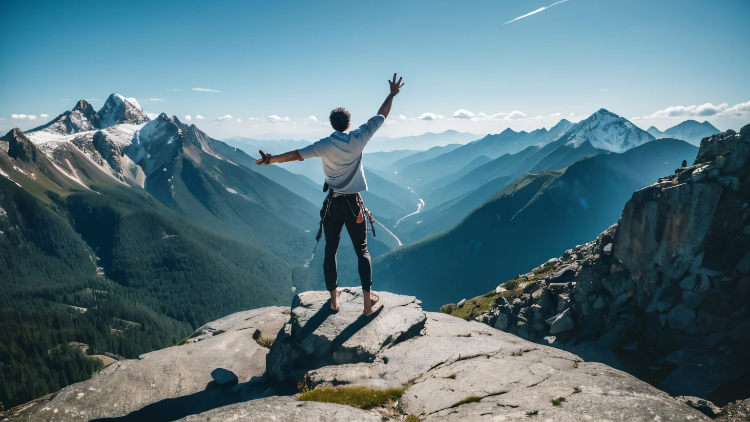 arafed man standing on a rock with his arms outstretched in the air, on the top of a mountain, on top of a mountain, standing in front of a mountain, standing on top of a mountain, at the top of a mountain, with mountains in the background, standing on mountain, epic mountains in the background, moutain in background