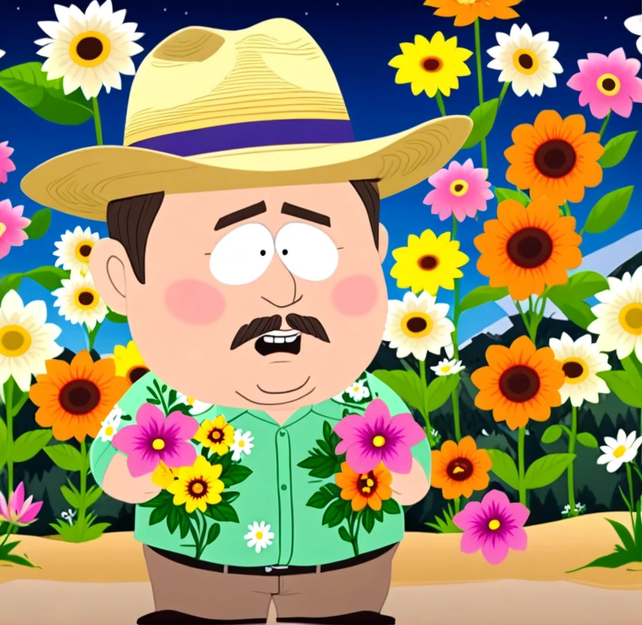 (best quality,4k,highres,masterpiece:1.2),ultra-detailed,physically-based rendering,realistic,professional,extremely detailed face,beautiful detailed eyes,beautiful detailed lips,longeyelashes, large fat Man,white skin,tan straw hat,amber long sleeve hawaiian flowers shirt,tan pants,south park style,portrait,studio lighting,vivid colors,warm color tone,bokeh