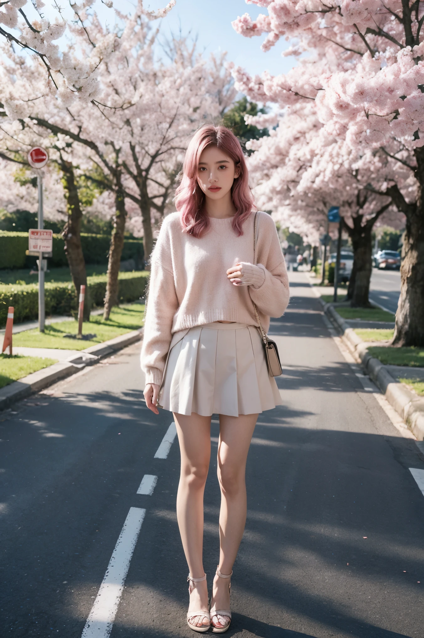 masterpiece, best quality, Super detailed, illustration, wide angle, 1 girl standing in the middle of the road, alone, Middle road and pink cherry blossom trees on the roadside, whole body, 1920s, pink hair, sweater, short skirt, Fashion,, work, balance, , rhythm, color, Light, shadow, reflection, refraction, Tone, Compared, prospect, middle ground, background, naturalistic, metaphorical, Representative.