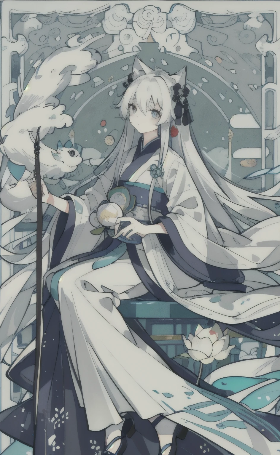  8K ((4K,masterpiece,best quality)), Ink Bismuth, traditional Chinese painting, lotus, hanfu, maxiskit1 girl, solo, White hair, long white hair, cat ears, White, nude, fish, 很多fish都靠近女孩, looking at the audience, tease，可爱的masterpiece, best quality, night, HILL, cloud, sky, long hair, Miss, birds.