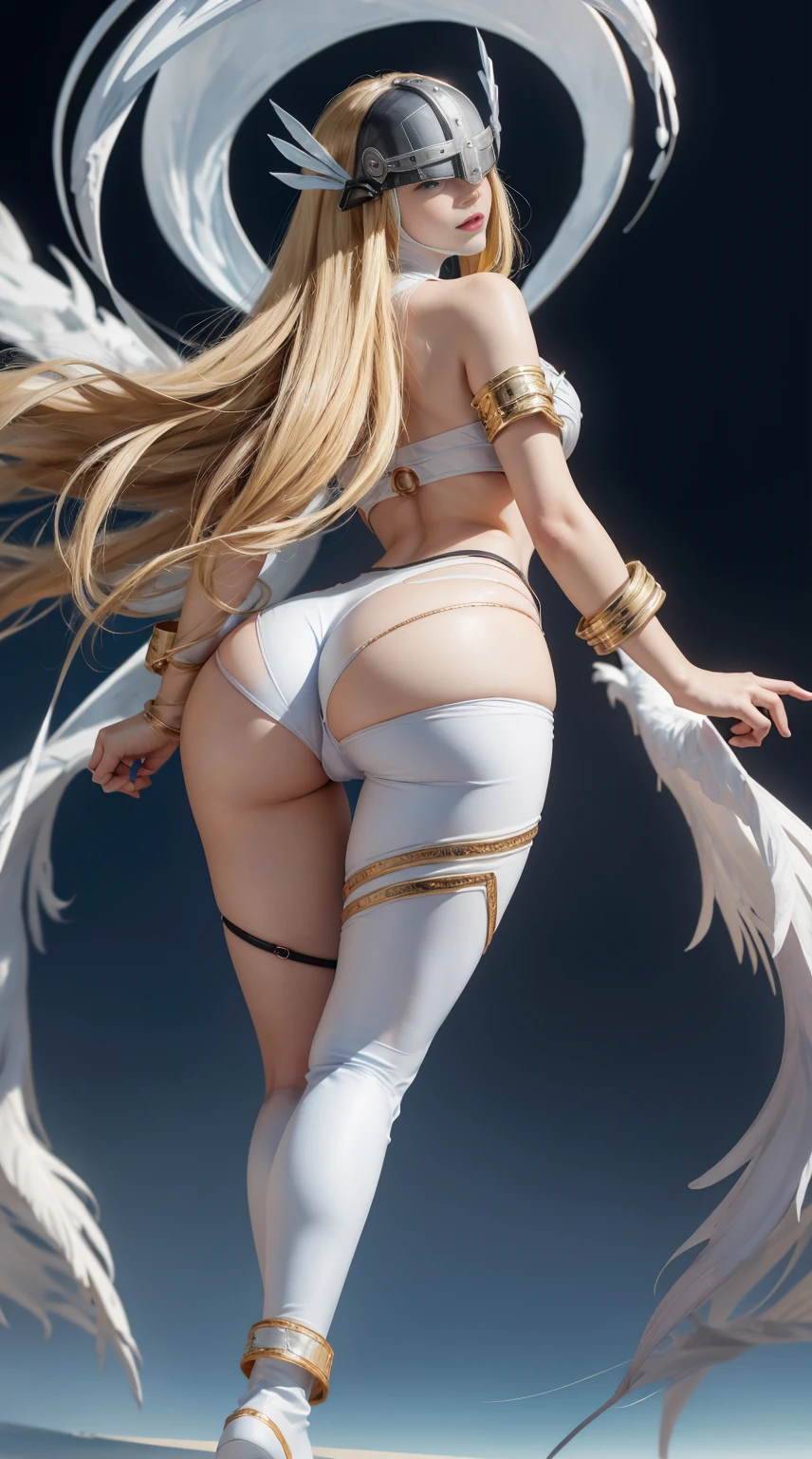 8K, Top Quality, Intricate Details, Ultra Detail, Ultra High Resolution, Masterpiece, ((from behind)), Slender, Smile, (Makeup: 0.4), (Fluffy Blue Eyes: 1.21), blue Eyes, looking at background, ((full body)), 1girl, solo, 1 girl, (( full body)), close up shot, standing , ((tall)), (((fit body))), (((slim face))), sharp face, sharp eyes,, ((( golden hair, very long hair,  )), (((crop top)) (detailed face), sharp face, small lips, ((helm,wings)), detailed face, detailed breast, , large breast, detail ass, big ass, round ass , Beautiful girl with accentuated slender abs: 1.4, Six Pack Abs: 1.4, Bust Botox, Big, Perfect Body, detail leg, (( in heaven))