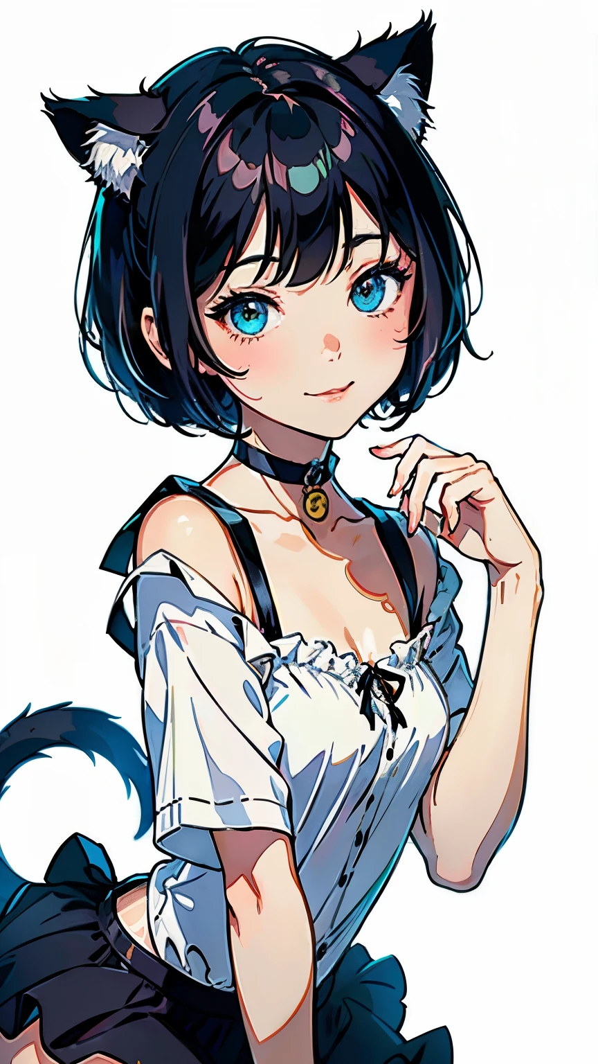 (highest quality, masterpiece, High resolution)、(anime art)、,cinematic light、soft light、girl、black hair、(Lucky cat costume)、(Loose shirt)、Cat ear、bob cut、hair ornaments、choker、enchanting smile、small breasts、(cat pose)、Cat jarashi、((white background))、