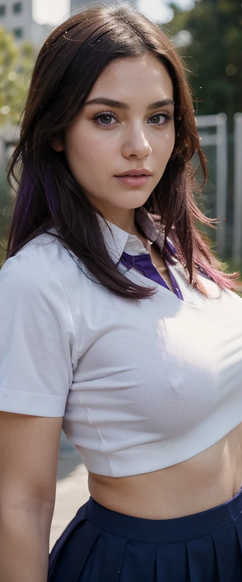 realistic,( photo-realistic), ultra hires, (masterpiece, top quality, best quality, official art, beautiful and aesthetic, raw photo:1.4),(high detailed skin:1.2), ultra realistic, 32k, 1 chubby girl, (((wearing school uniform))), curvy figure, big breast, big waist, Kafka, purple eyes, purple hair, eyewear on head, dynamic pose, dynamic angle, (school uniform:1.2), front focus, closeup