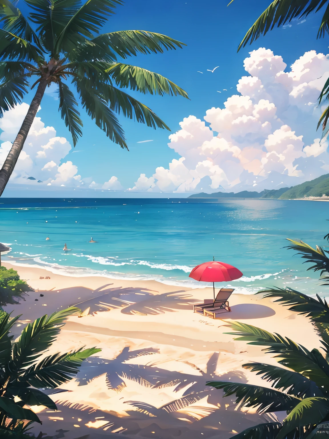 There are watermelons and umbrellas on the beach，the ocean，coconut palms，suns，8K，ultraclear，high qulity  ,beach landscape ,background (There is no person.)
