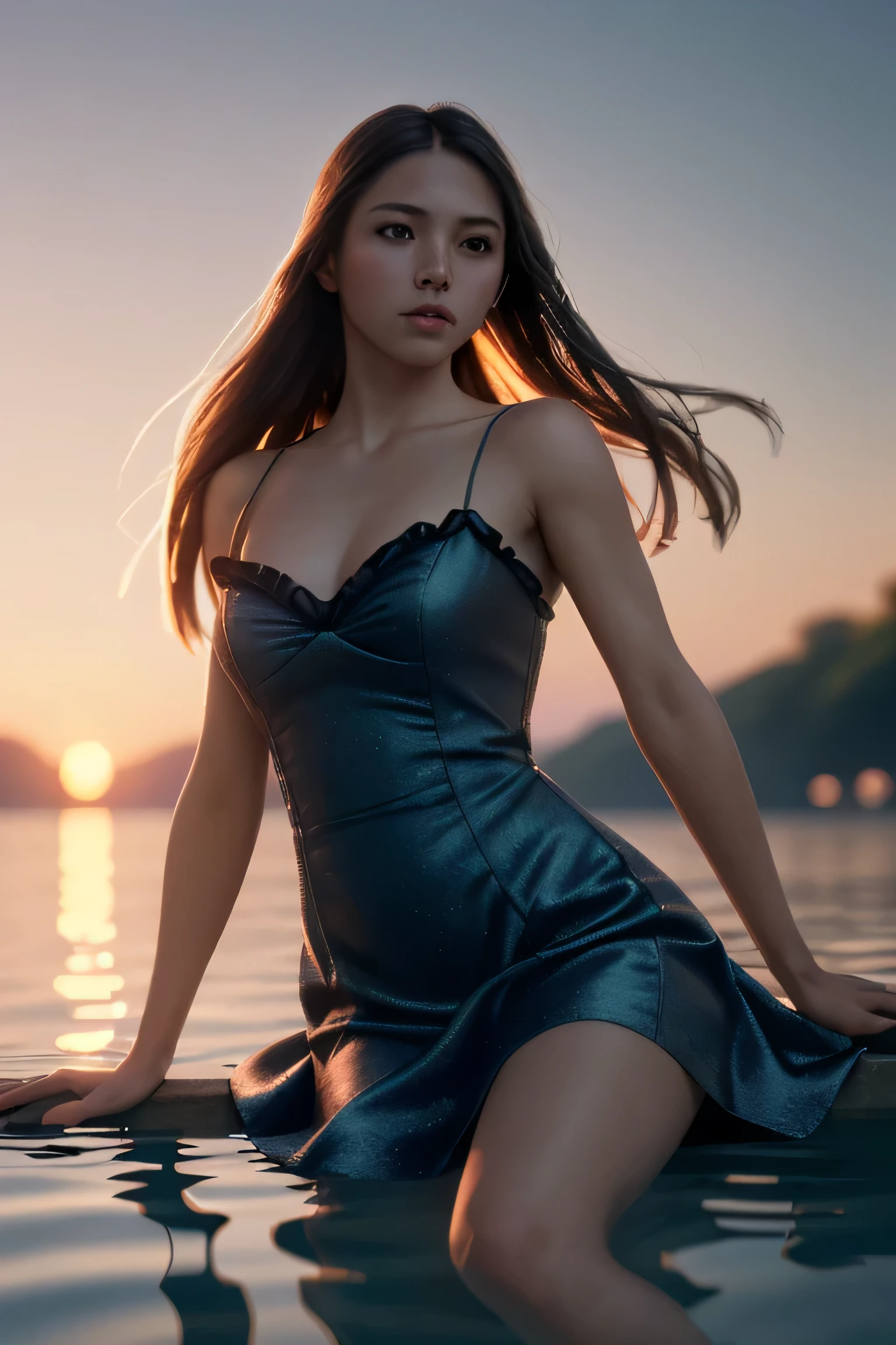 (masterpiece), (very complicated:1.3), (realistic), girl portrait, lying on her back floating on the surface of the water, (dynamic perspective), the most beautiful in the world, (camisole dress), sateen reflection, outdoor, intense sunlight, distant fortress, Stunning female professional photo details, sharp focus, dramatic, Award history, cinematic lighting, Octane Rendering Unreal Engine, volumetrics dtx, (film grain, blurred background, blurred foreground, Bokeh, Depth of the bounds written, sunset, motion blur:1.3)