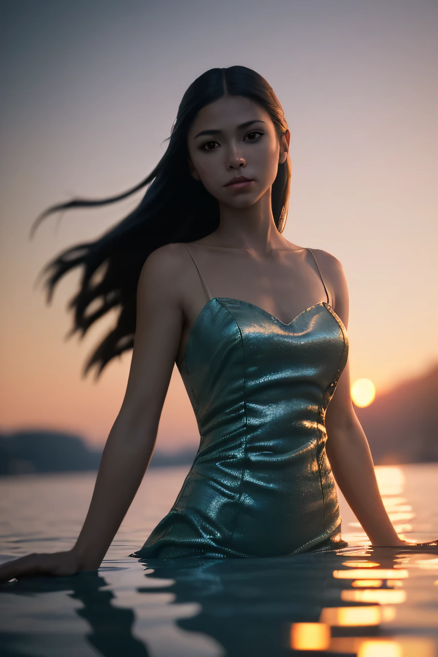 (masterpiece), (very complicated:1.3), (realistic), girl portrait, lying on her back floating on the surface of the water, (dynamic perspective), the most beautiful in the world, (camisole dress), sateen reflection, outdoor, intense sunlight, distant fortress, Stunning female professional photo details, sharp focus, dramatic, Award history, cinematic lighting, Octane Rendering Unreal Engine, volumetrics dtx, (film grain, blurred background, blurred foreground, Bokeh, Depth of the bounds written, sunset, motion blur:1.3)
