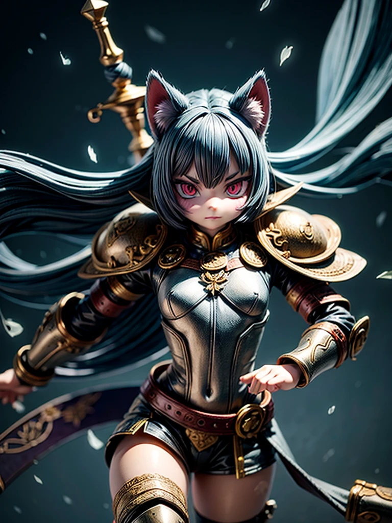 (best quality,4k,8k,highres,masterpiece:1.2),ultra-detailed,realistic,photorealistic:1.37,portrait,colorful,studio lighting,cat knight,medieval,armor,sharp focus,vivid colors,fiery eyes,determined expression,confident pose,lush green background,strong shadows,noble stance,fluffy fur,detailed whiskers,playful tail,shining sword,metallic sheen,majestic,heroic,vibrant,stylized detail,warrior courage,legendary presence,dark atmosphere,surreal,mythical,kingdom of felines,adventurous spirit,ancient legend