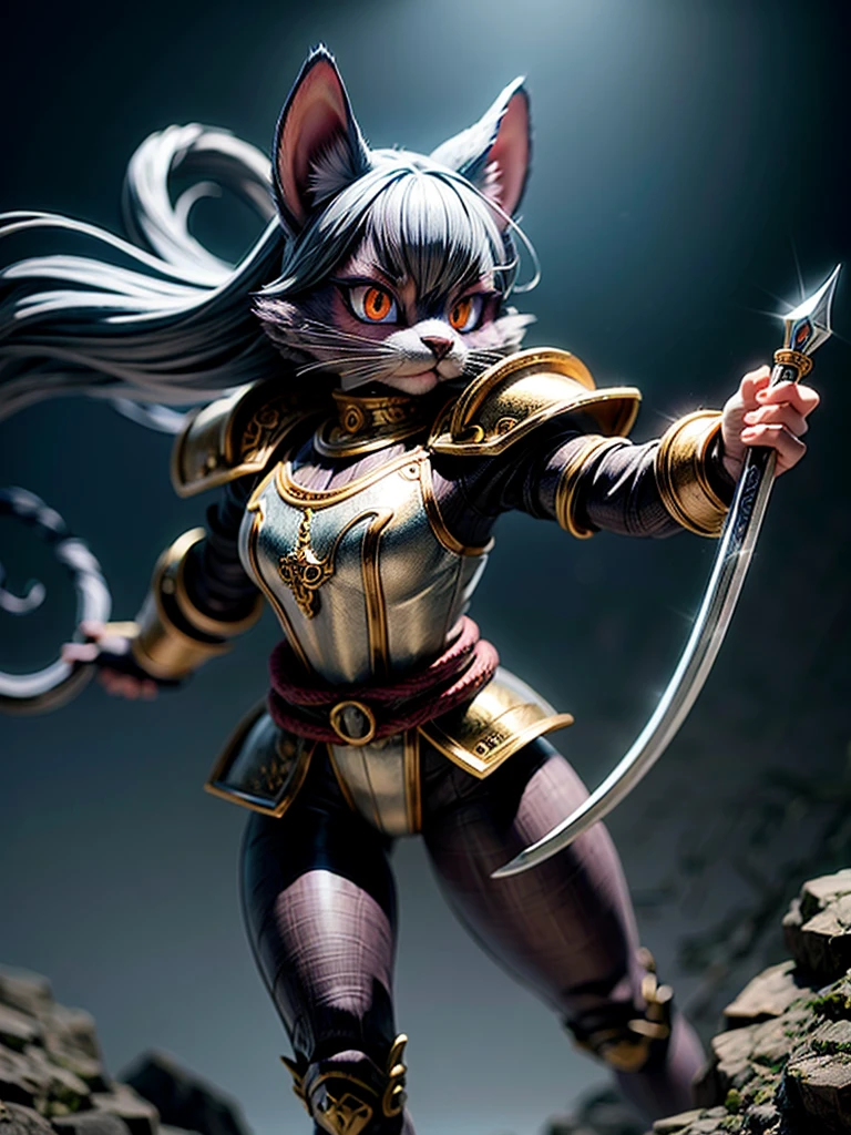 (best quality,4k,8k,highres,masterpiece:1.2),ultra-detailed,realistic,photorealistic:1.37,portrait,colorful,studio lighting,cat knight,medieval,armor,sharp focus,vivid colors,fiery eyes,determined expression,confident pose,lush green background,strong shadows,noble stance,fluffy fur,detailed whiskers,playful tail,shining sword,metallic sheen,majestic,heroic,vibrant,stylized detail,warrior courage,legendary presence,dark atmosphere,surreal,mythical,kingdom of felines,adventurous spirit,ancient legend