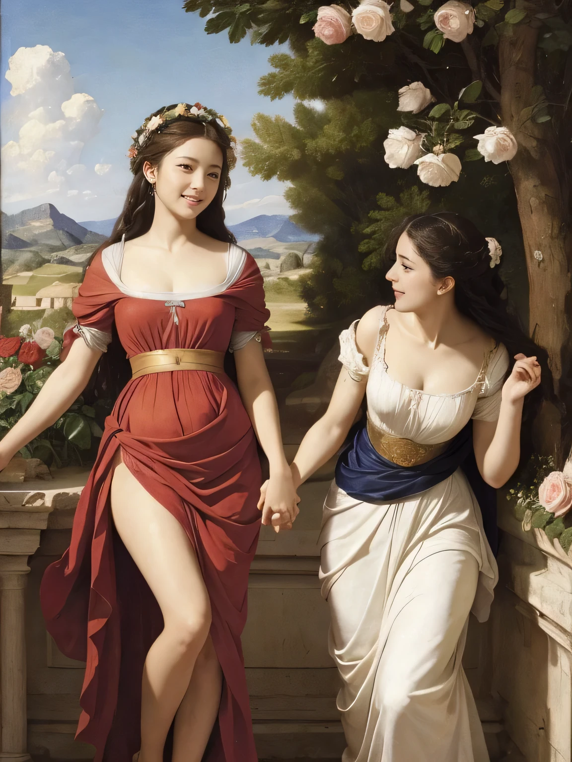 full body portrait or statue、Giorgione painting style,Arguments of two female Philosophe,math、astronomical machine、astronaut、roses in vase、fruits、Cute trinkets、smile、ancient greek costume、Ancient Roman landscape in the style of Nicolas Poussin,laughter,,Sweet and seductive appearance.、Caravaggio's paintings、Chiaroscuro of Caravaggio、hair tousled by the wind,Two women frolicking,cute smile, expression of ecstasy,Sexy,erotic