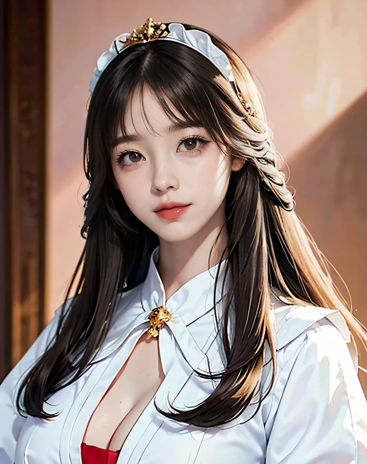 18 year old beautiful girl, Big eyes, big breasts, and thin, 8K, highest quality, (Highly detailed head: 1.0), (highly detailed face: 1.0), (very fine hair: 1.0), Maid clothes, Highly detailed official artwork, anime moe art style, clean detailed anime art, smile, golden hair, Smooth long hair,erect nipples
