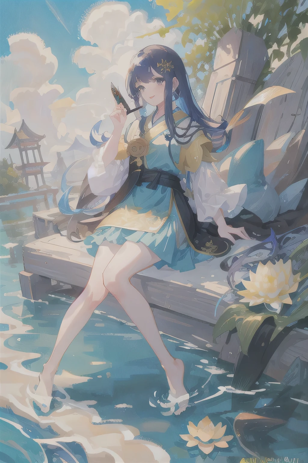 ((4K,masterpiece,best quality))((4K,masterpiece,best quality)), Ink Bismuth, Chinese traditional ink painting, lotus, hanfu, maxis kit, Dress conservatively 1girl, alone, long blue hair, Smile, permanent, feet in water, barefoot,