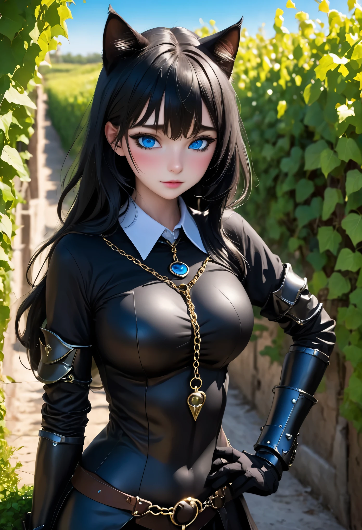 personification, Black Cat Knight Portrait, blue eyes, vine, landscape, clear sky, black, Chain connected to ring, number, ultra high resolution,