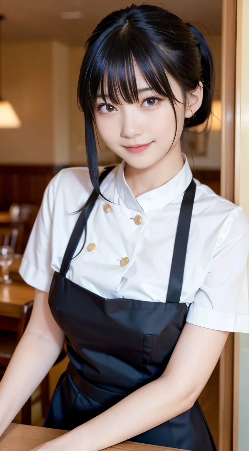 (highest quality,masterpiece:1.3,ultra high resolution,),(Super detailed,caustics),(Photoreal:1.4,RAW shooting,)ultra-realistic capture,very detailed,High resolution 16K human skin close-up。 natural skin texture、,The pores are、、、、Must be detailed enough to be easily identified。 Skin should look even-toned and healthy。 Use natural light and color,restaurant,waitress uniform,1 girl,Japanese,18-year-old,cute,black haired,ponytail,big breasts,smile,turn your body forward,(Front view:1.1),look at the camera,cowboy shot,