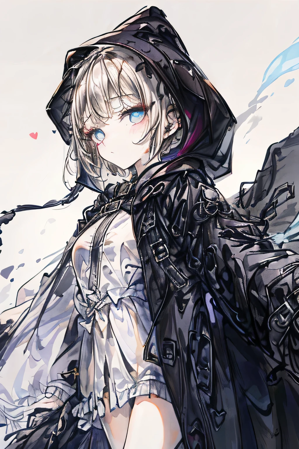 clean design，Epic Instagram，art station，Colorful paint splashes，contour，Ultra-detailed intricate details，Unreal Engine，fantasy，intricate details，launch image，complementary colors，fantasy concept art，8K resolution，Deviantart masterpiece，painting，Blow，paint drops，（Isolated on white background：1.3），rainbow skin，(((young and beautiful))), ((teenager:1.5)), (glowing blue eyes), ((Eyes are bright))，((((gray short hair:1.1))), ((black)), (Princess\\(cold expression\\),, (((Wear a black trench coat with high details，Hooded，in, She wears short white sleeves，It has a heart-shaped pattern on it))), A head of gray hair，