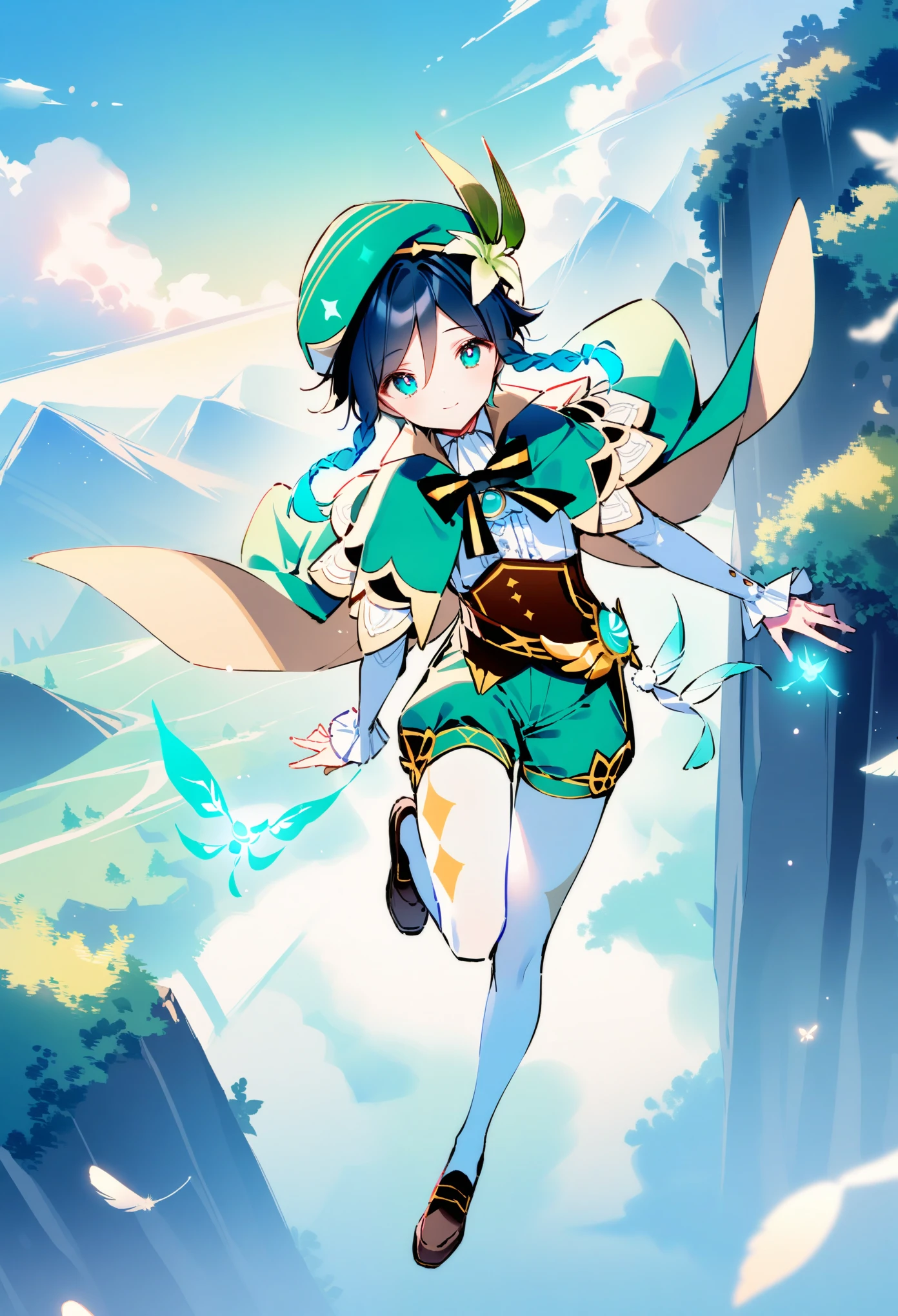 anime, 1boy, venti, genshin_impact, dsmile, soft pastel, best quality, absurdres, very aesthetic, flat chest, beautiful blue green gradient eyes, shorts, white pantyhose, cape, hat, feathers, clouds, crystalflies, mountains in background, large tree, vines, long lashes, full body