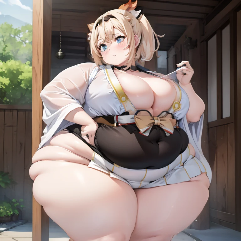 1girl, top heavy figure, (((incredibly big chest))), ((saggy chest)), plump, incredibly plump, ((big belly)), (((big tits))), pout, embarassed, wide, (((obese))), (((fat))), ((love handles)), double chin, out of shape, obese, fatty, shortstack, short woman, big bossom, ((milf)), small height, mature, standing, full body, bbw, ssbbw, kazama iroha, blonde hair, short hair, bow, pony tail, white kimono, skirt