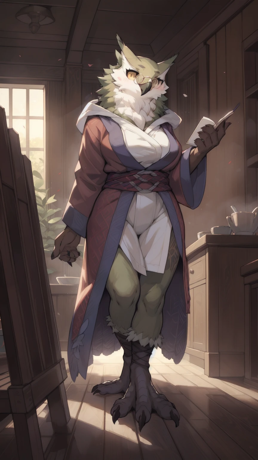 solo, 1girl, female, furry female, bird, avian, owl, big tits, robe, glasses, green feathers, random pose, ramona_uo, detailed background, (cute anatomy:1.1), highly detailed, hyper realistic, soft lighting, (masterpiece:1.2),(best quality:1.2), (extreme detailed illustration),(by zackary911:1.3),(by taran fiddler:1.1), (by jay naylor, spectrumshift,iskra:1.2, syuro:1.0),(by hioshiru),(by Meesh),(by riska), ((nude))