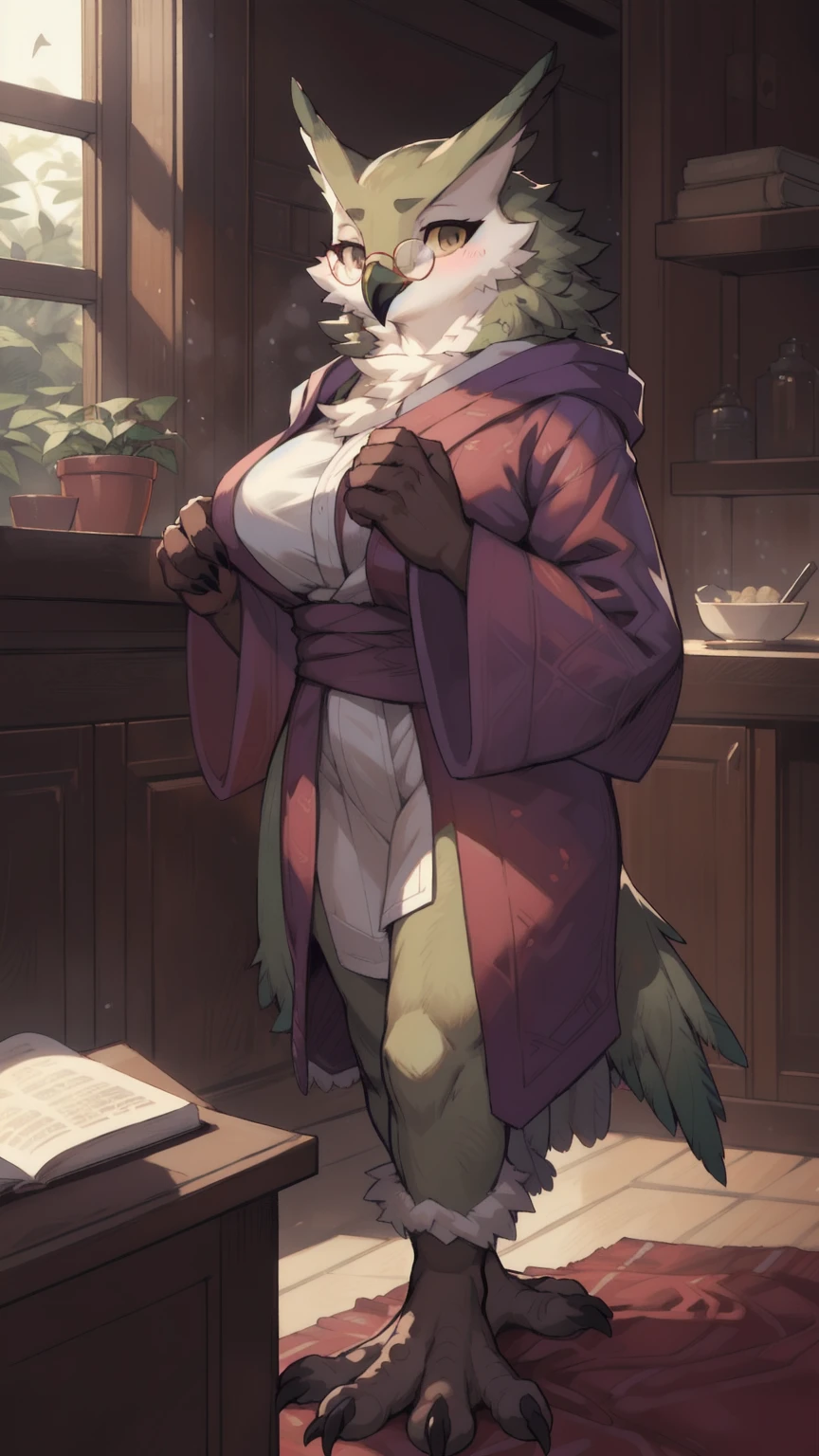 solo, 1girl, female, furry female, bird, avian, owl, big tits, robe, glasses, green feathers, random pose, ramona_uo, detailed background, (cute anatomy:1.1), highly detailed, hyper realistic, soft lighting, (masterpiece:1.2),(best quality:1.2), (extreme detailed illustration),(by zackary911:1.3),(by taran fiddler:1.1), (by jay naylor, spectrumshift,iskra:1.2, syuro:1.0),(by hioshiru),(by Meesh),(by riska), ((nude))