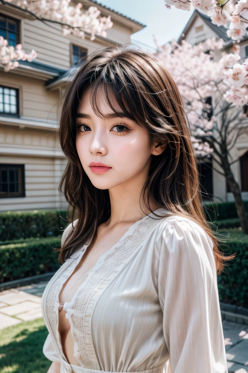 {{{masterpiece}, }}, {Extremely detailed CG unified 8k wallpaper}, Astonishing, fine details, alone, {{flowing hair}, }, {{Cherry blossoms}, }, outdoor, Sky, {{Wind}, }, Detailed background, Beautiful and delicate eyes, perspective:evening dress:0.3, split, bright pupils, {{whole body}, }, dynamic poses, Dynamic angle, split, looking at the audience, Detailed clothes, movie lighting, close up, best quality