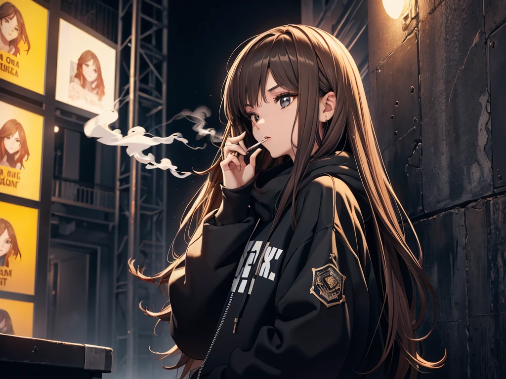 a girl smoking a cigarette, smoking, smoker, long brown hair, she's in extase, she's enjoying it, alone, black wall, (((masterpiece))), highly detailled face, black hoodie, short jeans, music concert