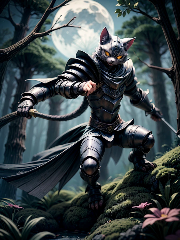 A cat knight in a moonlit forest, wearing shiny armor and wielding a silver sword,fight monster creatures. The cat knight's eyes glow with determination and courage. The armor is made of polished metal, reflecting the moonlight and making the cat knight even more majestic. The forest is filled with ancient trees, their branches intertwining like a labyrinth, casting eerie shadows on the ground. The atmosphere is tense and mysterious. The moon shines brightly, illuminating the cat knight's path. The sword sparkles under the moonlight, emitting a faint magical aura. The cat knight's movements are agile and graceful, leaping through the air with incredible speed and precision. The forest is inhabited by various mythical creatures: massive yeti, fire-breathing dragons, and cunning goblins. The cat knight fearlessly takes on each opponent, using its agility and sharp swordsmanship to defeat them one by one. The cat knight's fur is sleek and black, with a hint of silver, matching the night sky and the moonlight. The forest is bathed in deep shades of blue and purple, creating an otherworldly ambiance. Beams of moonlight filter through the dense foliage, casting a soft glow on the cat knight's surroundings. The cat knight's armor reflects the moonlight, shimmering with a mesmerizing silver hue. The scene is like an epic battle depicted in a painting, capturing the cat knight's bravery and strength. The lighting enhances the mood and adds a touch of mystique to the overall composition. The prompt is designed to achieve the best quality, with ultra-detailed and photorealistic renderings. The colors are vivid and the composition is finely executed, showcasing the cat knight's heroism in all its glory.