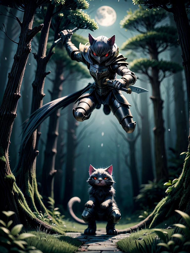 A cat knight in a moonlit forest, wearing shiny armor and wielding a silver sword,fight monster creatures. The cat knight's eyes glow with determination and courage. The armor is made of polished metal, reflecting the moonlight and making the cat knight even more majestic. The forest is filled with ancient trees, their branches intertwining like a labyrinth, casting eerie shadows on the ground. The atmosphere is tense and mysterious. The moon shines brightly, illuminating the cat knight's path. The sword sparkles under the moonlight, emitting a faint magical aura. The cat knight's movements are agile and graceful, leaping through the air with incredible speed and precision. The forest is inhabited by various mythical creatures: massive yeti, fire-breathing dragons, and cunning goblins. The cat knight fearlessly takes on each opponent, using its agility and sharp swordsmanship to defeat them one by one. The cat knight's fur is sleek and black, with a hint of silver, matching the night sky and the moonlight. The forest is bathed in deep shades of blue and purple, creating an otherworldly ambiance. Beams of moonlight filter through the dense foliage, casting a soft glow on the cat knight's surroundings. The cat knight's armor reflects the moonlight, shimmering with a mesmerizing silver hue. The scene is like an epic battle depicted in a painting, capturing the cat knight's bravery and strength. The lighting enhances the mood and adds a touch of mystique to the overall composition. The prompt is designed to achieve the best quality, with ultra-detailed and photorealistic renderings. The colors are vivid and the composition is finely executed, showcasing the cat knight's heroism in all its glory.