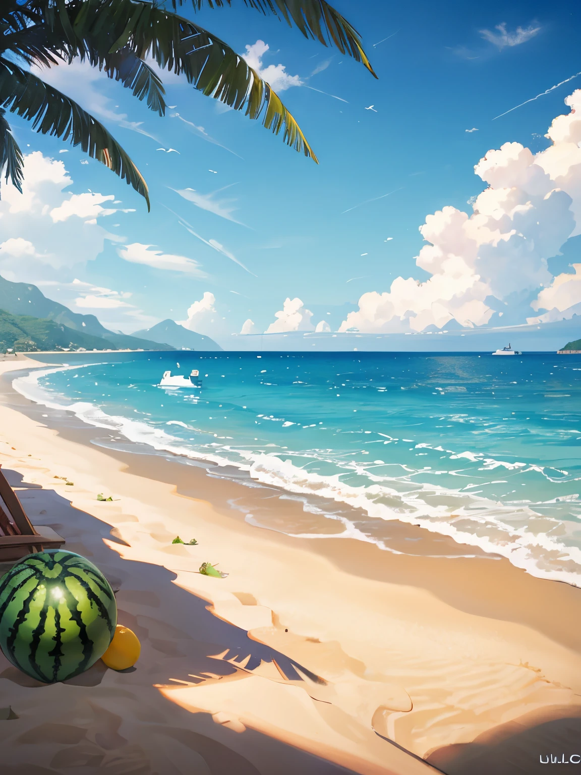 There are watermelons and umbrellas on the beach，suns，8K，ultraclear，high qulity  ,beach landscape ,background (There is no person.)